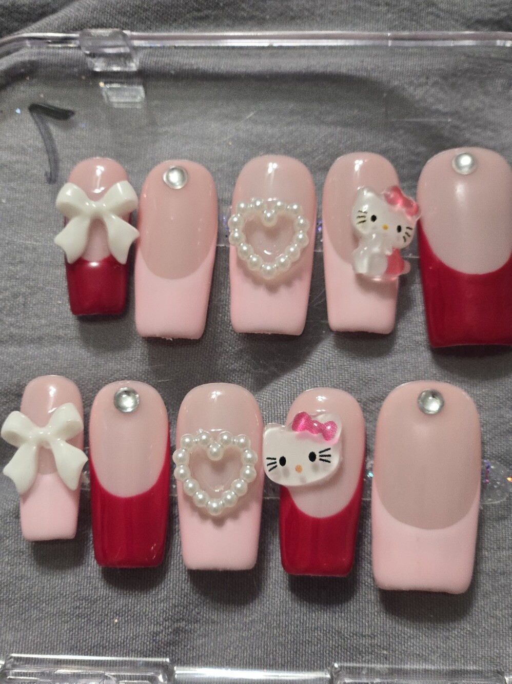 Pink & Red Hello Kitty Pearl Heart Press-On Nails